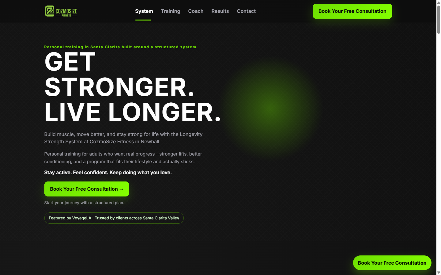 CozmoSize Fitness website hero — Get stronger. Live longer.
